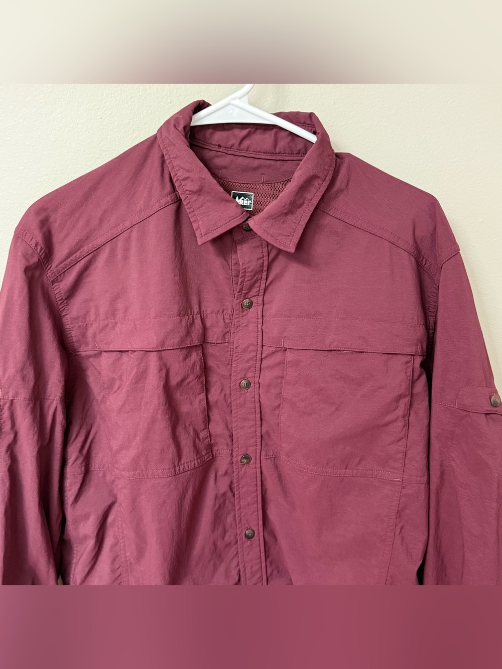 REI Co-op Sahara Men  L Long Sleeve Hiking Fishing Shirt Burgundy Nylon Stretch - Picture 2 of 16